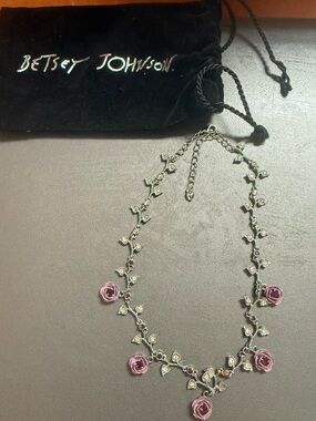Betsey Johnson Purple Enamel Rose Flower Vine Crystal Rhinestone Necklace